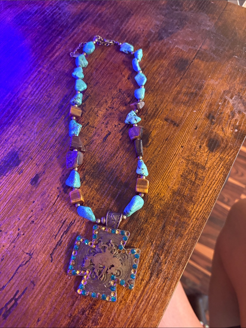 Turquoise Beaded Cross Pendant Necklace - Unbranded